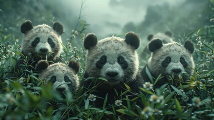 Carnivore pandas with thick fur standing in a field of grass - obrazy, fototapety, plakaty