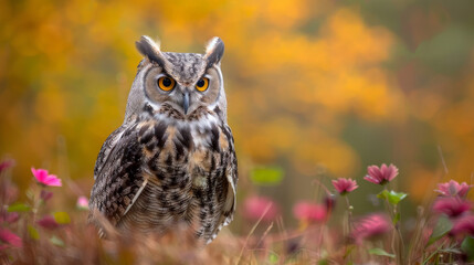 Close-up of an owl with intense eyes among autumn leaves and pink flowers.