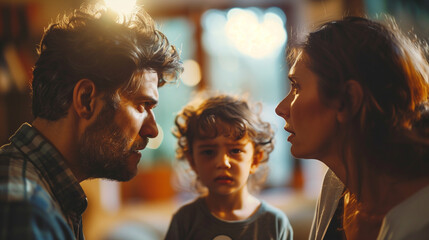 Two Adult Parents Arguing and Fighting with Child. Divorce and Separation and the Impact on Children. - obrazy, fototapety, plakaty