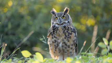 Obraz premium Great horned owl standing tall in green grass field.