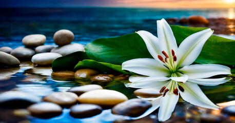 lily flower sea and stones. Selective focus. - obrazy, fototapety, plakaty