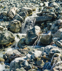 small shallow beautiful alpine stream with a fast flow and stones