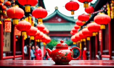 Fototapeta premium Chinese tea ceremony teapot and cups. Selective focus.