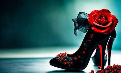 black shoes and roses. Selective focus. - obrazy, fototapety, plakaty