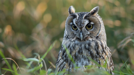 Obraz premium Detail of owl standing tall in a green grass field.