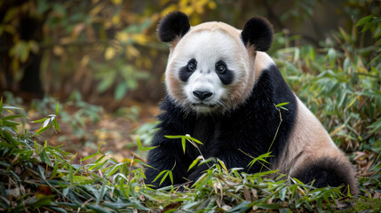 A panda lounges among bamboo, gazing peacefully at the camera.