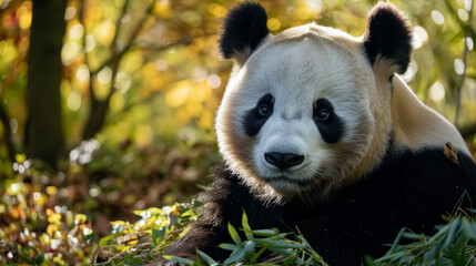 A serene giant panda sits quietly amidst the bamboo, its gaze meeting ours.