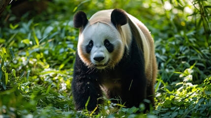 Fototapeta premium A solitary giant panda walks through a lush forest, leaves crunching underfoot.