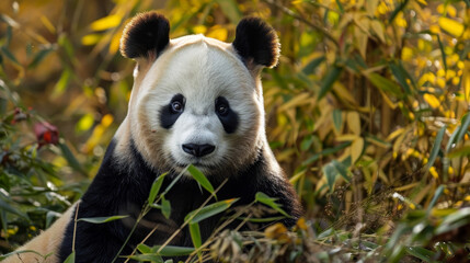 Fototapeta premium A gentle giant panda peeks through bamboo leaves, a picture of tranquillity.