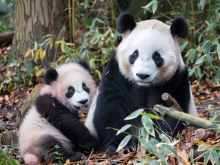 A watchful panda keeps a close eye on her playful cub in their natural habitat.
