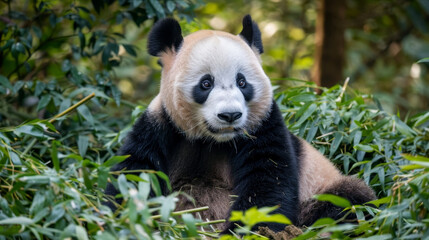 Obraz premium A serene giant panda sits quietly amidst the bamboo, its gaze meeting ours.