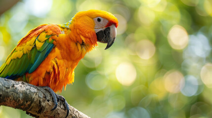 A vibrant, multicoloured parrot perched alertly in a green environment.