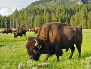 Buffalos or bisons graze peacefully on a lush green meadow, against a backdrop of rolling hills