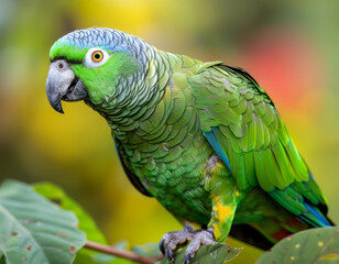 Obraz premium A green parrot gazes intently, surrounded by soft-focus foliage.