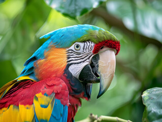 A scarlet macaw perched among leaves.