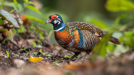 A partridge in its natural habitat, camouflaged amongst the forest undergrowth.