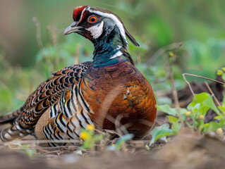 A beautifully patterned partridge carefully watches its surroundings, hidden among leaves.