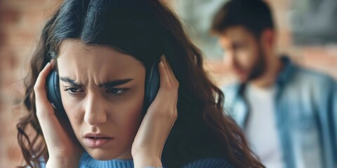 Close-up of a distressed person covering their ears, overwhelmed by harsh words or criticism from a partner , concept of Sensitivity