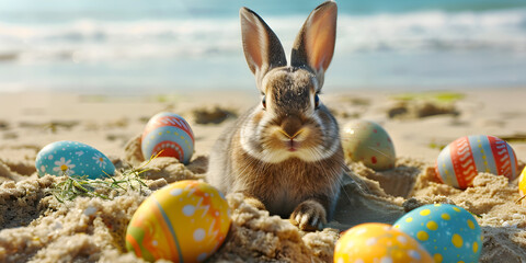 A bunny  sits on a beach with easter eggs.Rabbit with easter eggs,Nature easter background with rabbit and grass  - Powered by Adobe