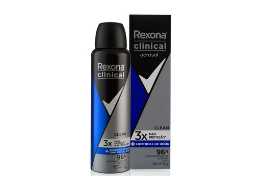 SAO PAULO, BRAZIL- 02, MARCH, 2024, REXONA CLEAN AIR SPRAYING DEODORANT 150ml, WHITE BACKGROUND