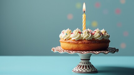 Delicious cake with a burning candle on a pastry stand