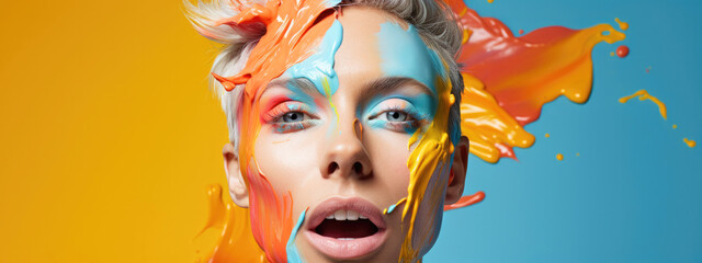 Naklejka premium Portrait of a fashionable woman with creative makeup brushes on blue and ocher background. Style, glamour, fashion concept. Ai generated