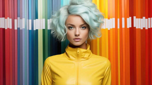 Fashion image of female model with modern haircut and dyeing, she's dressed in yellow on background with pantene palette. Glamorous style fashion. Generated AI