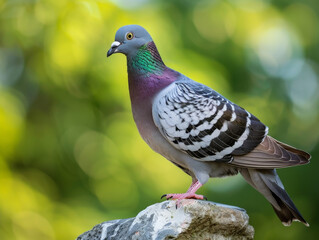 Single pigeon perches alertly with a lush green background.