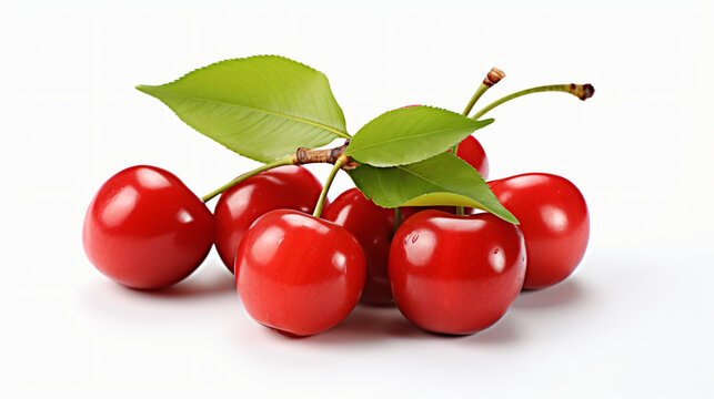 Fresh red acerola cherries with green leave isolate