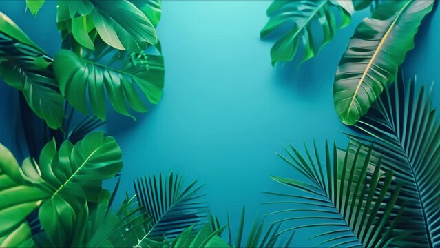 Mystical fantasy wild neon jungle background. fFat lay with leaves in vibrant gradient holographic neon colors. Ai-generated.