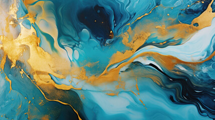 Acrylic Fluid Art. Dark blue and gold waves in abstract waves. Marble effect background or texture.