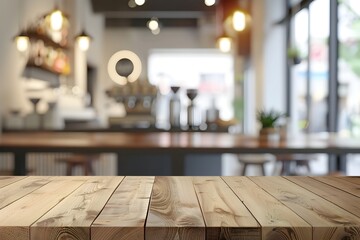 Wooden Table in a Modern Cafe Bar or Restaurant - obrazy, fototapety, plakaty