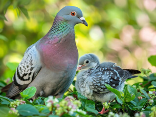 A pigeon tends to its chick in a secure, leafy nest.