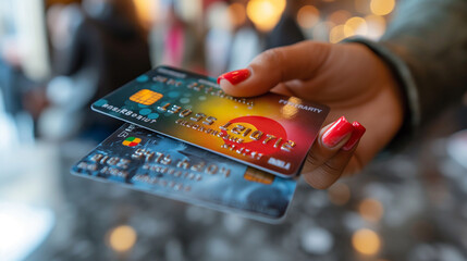 Close-up of a hand with several credit cards, illuminated by warm bokeh lights, representing convenience in finance and shopping. - obrazy, fototapety, plakaty