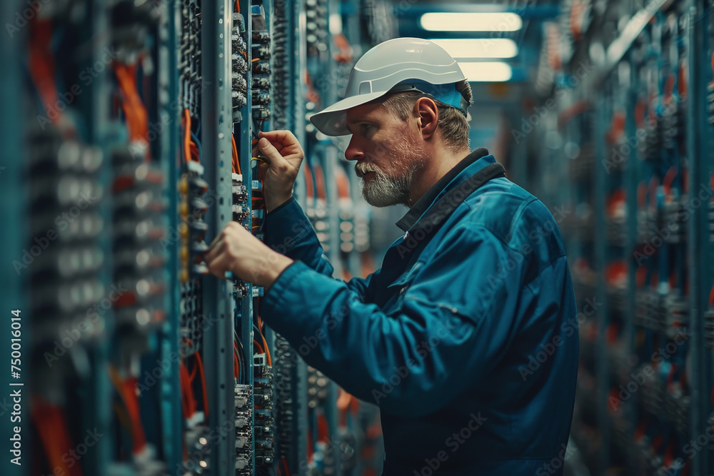 Poster professional it specialist using device writing code computer network maintenance, ai generated