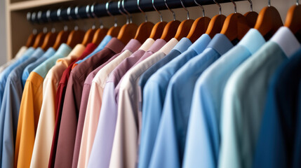 Fashion clothes on clothing rack - bright colorful closet. Closeup of color choice of trendy female...