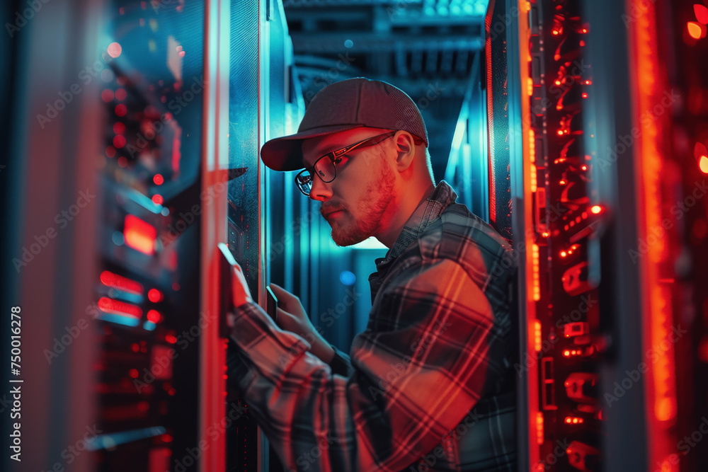 Poster professional it specialist using device writing code computer network maintenance, ai generated