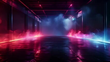 Room with smoke and light. Empty space with concrete floor and neon illumination. AI-generated. - Powered by Adobe