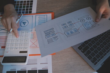 UX UI design process for modish mobile application and website . Creative prototype of wireframe...