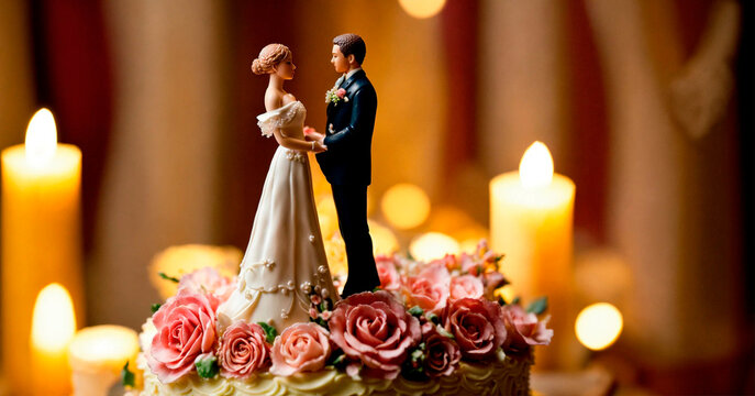 bride and groom on a wedding cake. Selective focus.