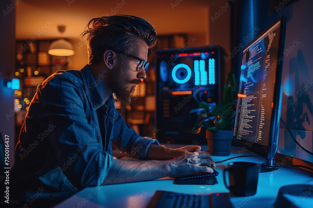 Poster professional it specialist using device writing code computer network maintenance, ai generated