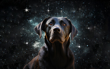 Portrait of a dog over constellation background illustration. 