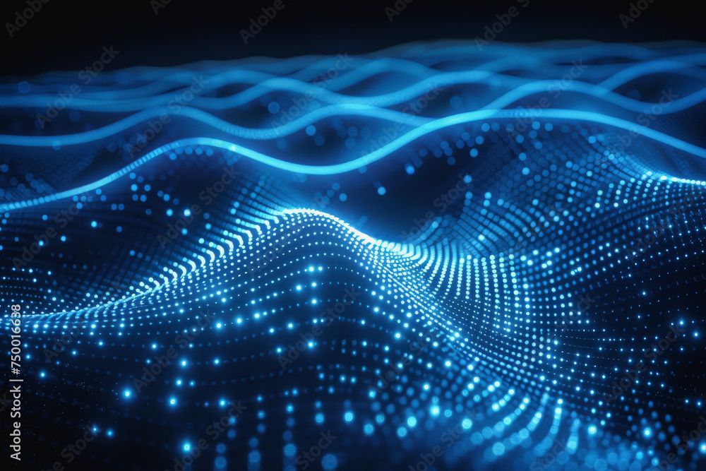 Poster Technology pattern abstract net lines with small dots on every line, style blue neon type.