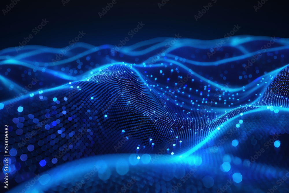 Poster Technology pattern abstract net lines with small dots on every line, style blue neon type.