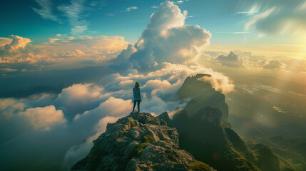 Summit Solitude: Individual Atop Majestic Mountain Peak.  - obrazy, fototapety, plakaty