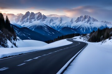 road in the middle of snowy mountains