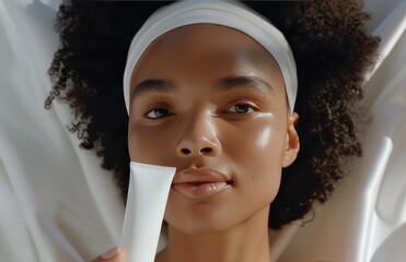 Beauty Routine Elegance, serene portrait of a young woman with flawless skin holding a skincare product. Exudes a sense of luxury and self-care