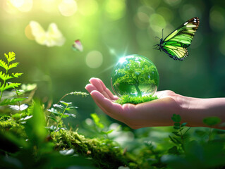 Earth crystal glass globe ball and growing tree in human hand, flying yellow butterfly on green sunny background. Saving environment, save clean planet, ecology concept