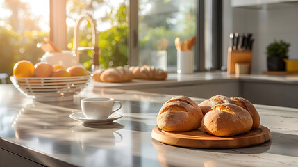 Freshly baked bread on a wooden a cup of tea or coffee on the countertop for a healthy morning breakfast 