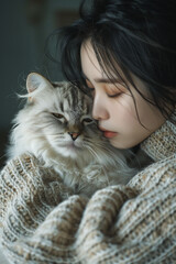 Beautiful Asian girl cuddling with a fluffy Maine coon cat.